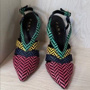Zara Pink, Blue, Green, Yellow, and Black pointed toe sling back 4.5” heels sz 9